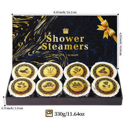 Eight 30 g Shower Steamer Tablets in Eight Fragrance Labels with Black-and-Gold Gift Box Packaging