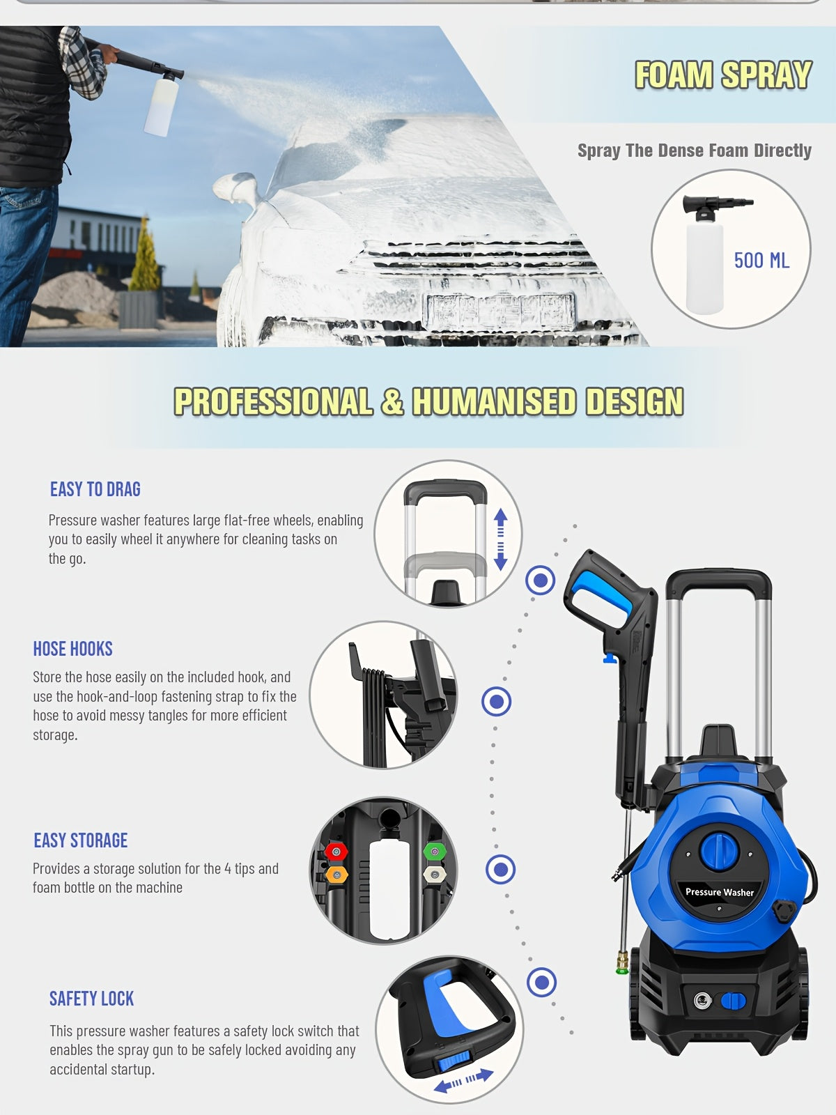 Pressure Washer Electric 4800PSI MAX 2.8 GPM, 25FT Hose, Foam Cannon & 4 Nozzles, Metal Construction Power Washer for Cars