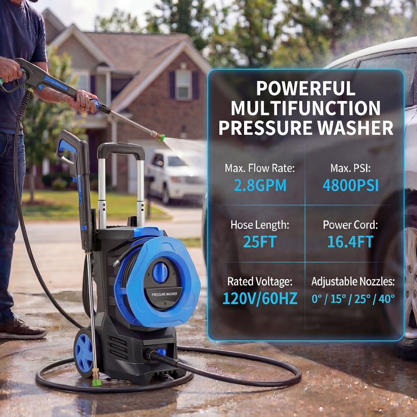 Pressure Washer Electric 4800PSI MAX 2.8 GPM, 25FT Hose, Foam Cannon & 4 Nozzles, Metal Construction Power Washer for Cars
