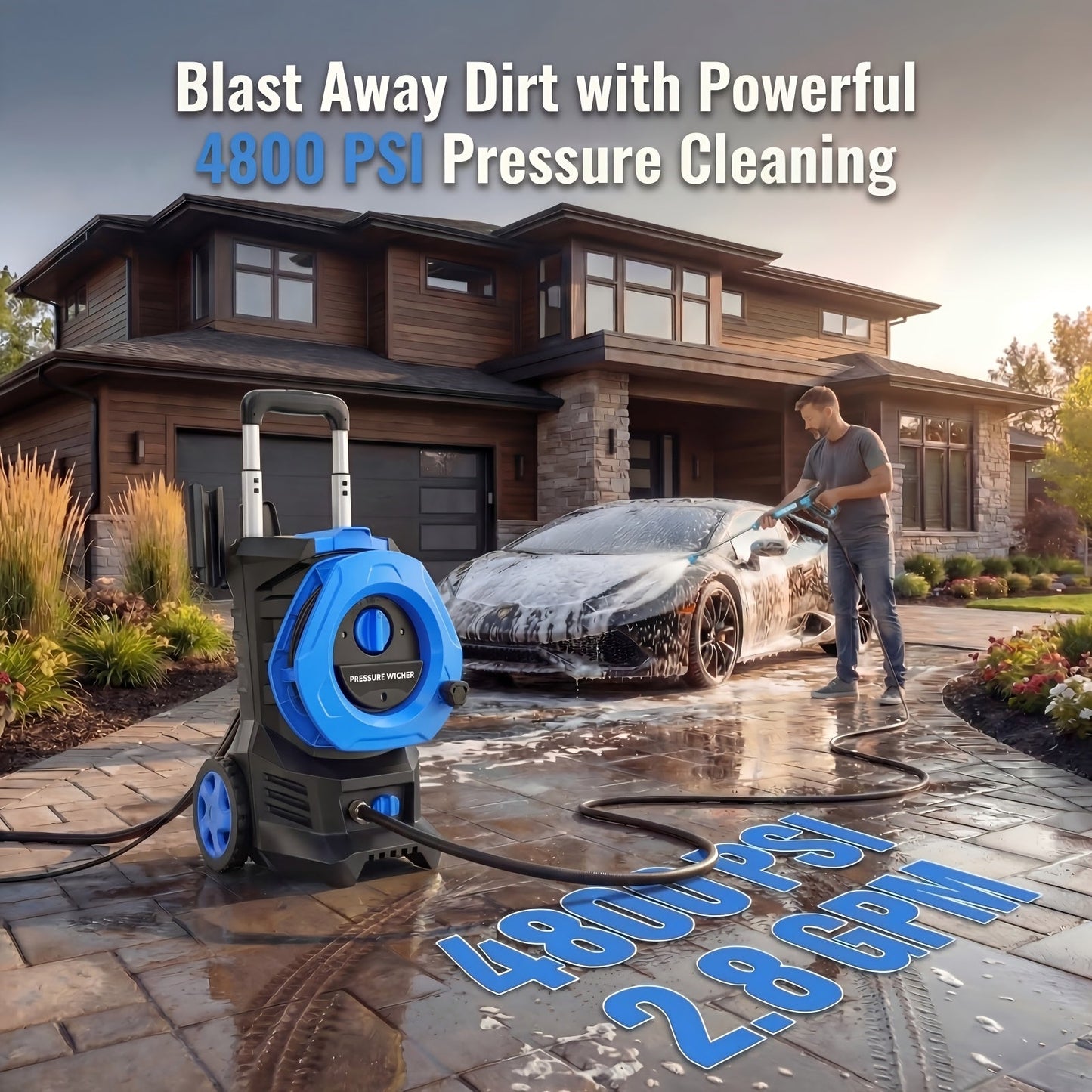Pressure Washer Electric 4800PSI MAX 2.8 GPM, 25FT Hose, Foam Cannon & 4 Nozzles, Metal Construction Power Washer for Cars