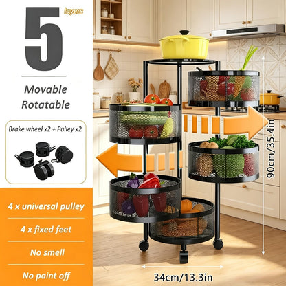 Rolling Storage Cart with Wheels 5-Tier 360° Rotating Kitchen Organizer Basket, No Assembly Space-Saving Floor Standing Bin for Kitchen