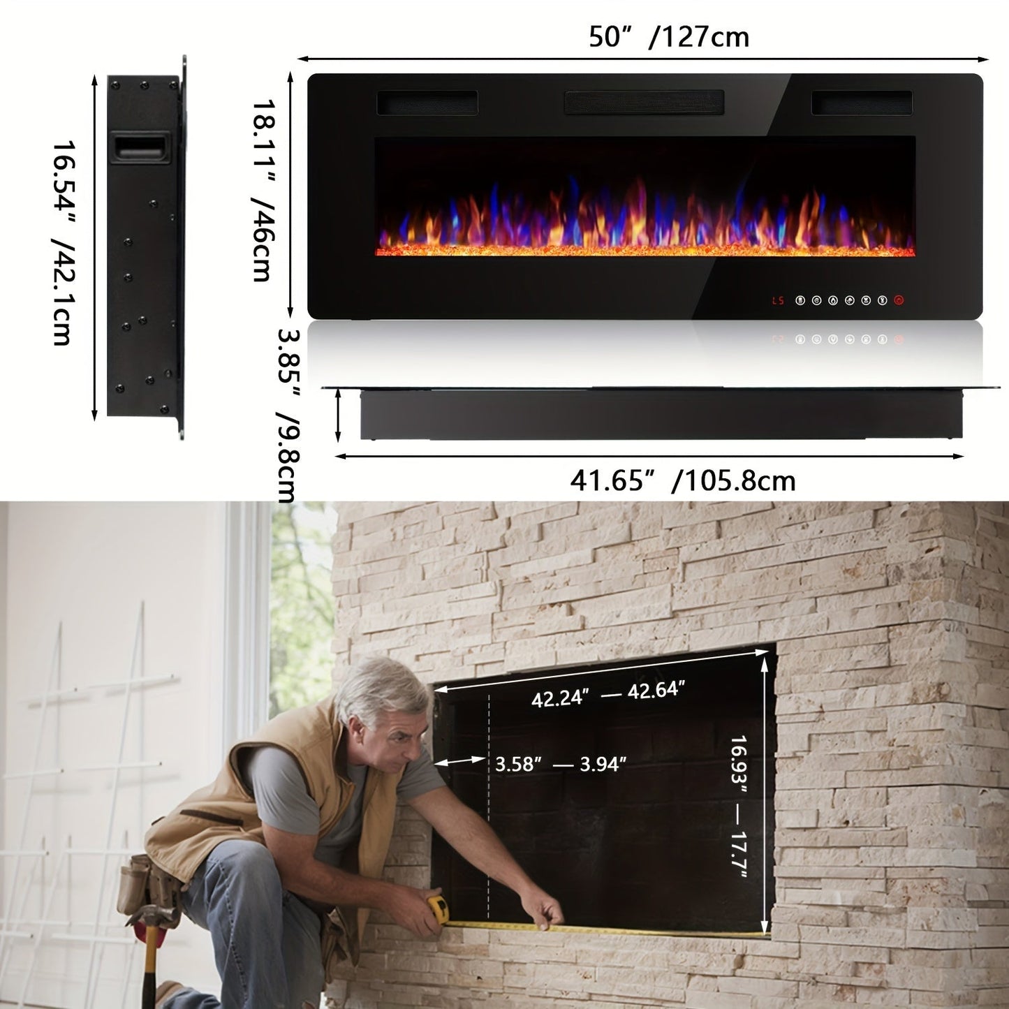 Wall Mounted Electric Fireplace Recessed In-Wall Linear Heater Multicolor Flame 750W/1500W Touch Screen for Garden, Patio and Yard Use