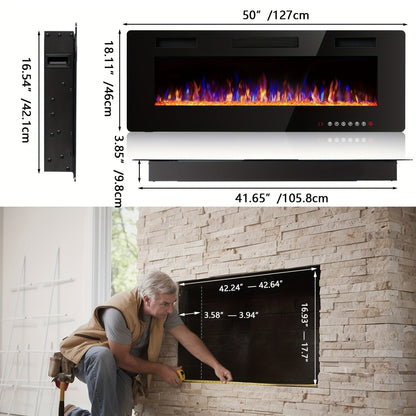 Wall Mounted Electric Fireplace Recessed In-Wall Linear Heater Multicolor Flame 750W/1500W Touch Screen for Garden, Patio and Yard Use