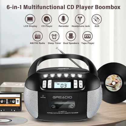 CD and Cassette Player Combo Boombox Portable AM FM Radio Tape Recording Stereo Sound for Bedside Audio, Alarms and Room Entertainment