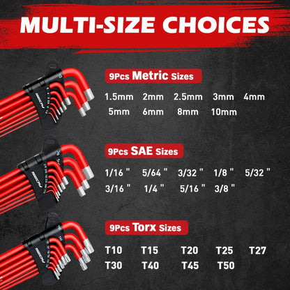Hex Key & Torx Wrench Set 30-Piece – Long Arm Ball End Allen Wrenches with T-Handle & Extension Bar | SAE