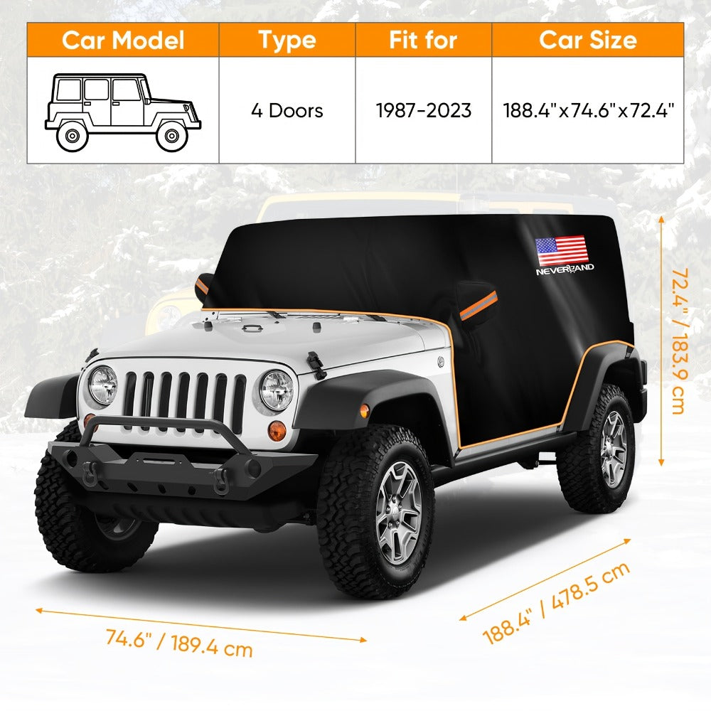 Jeep Wrangler Half Cab Cover in Black 210D Fabric with Reflective Strips, Storage Bag and 2-Door or 4-Door Options