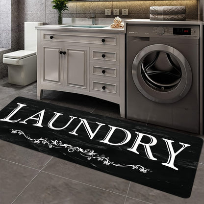 Laundry Room Mat Black & White LAUNDRY Text Non-Slip Machine Washable – Soft Polyester Cut-Pile Floor Rug for Laundry Room, Bathroom