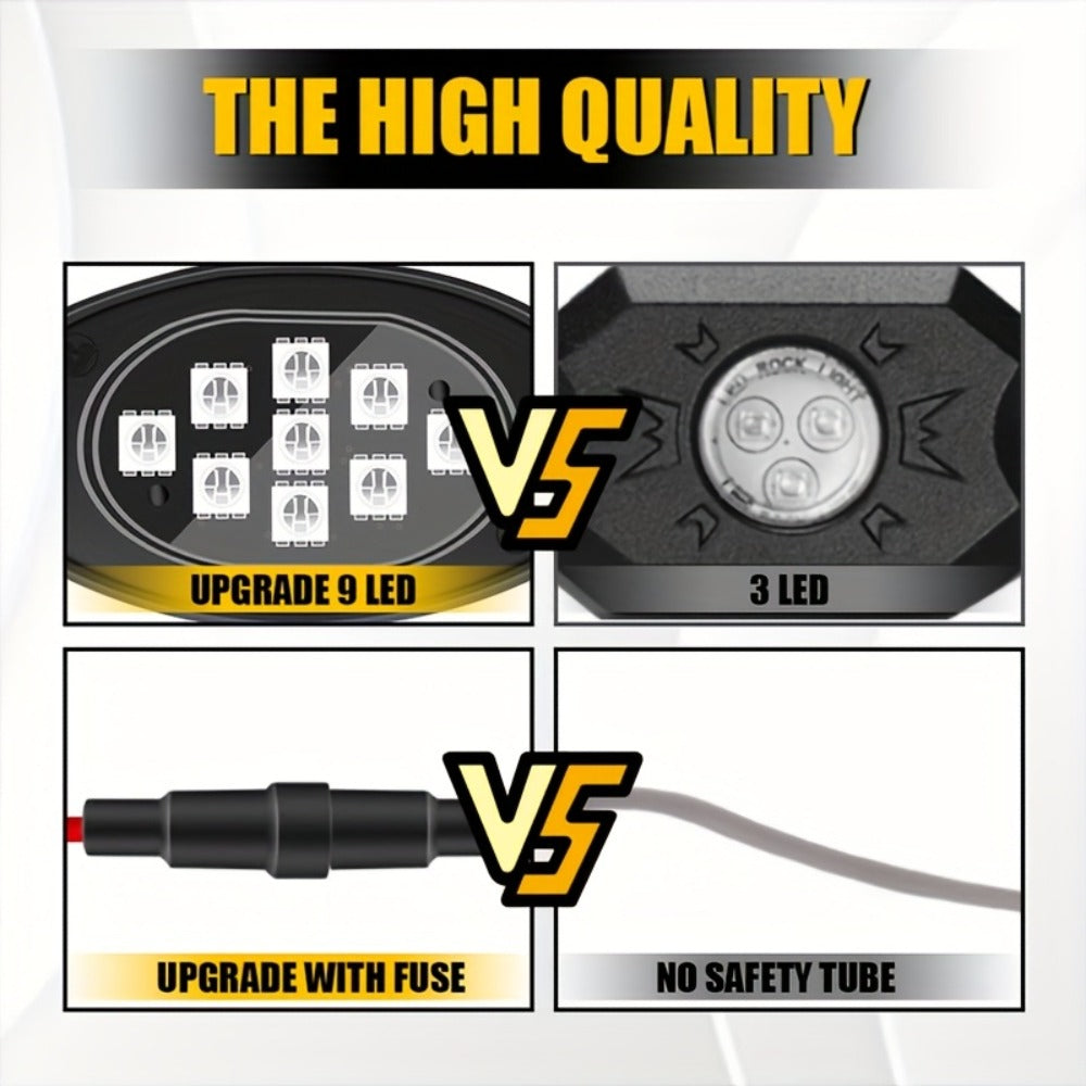 RGB Rock Lights Kit for Trucks & Cars, Sound-Activated LED Underbody Lights with APP & Remote Dual Control