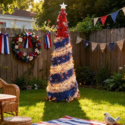 4th of July Patriotic Decoration Tree 5ft, Foldable LED Light String with Red White Blue Stars & Stripes