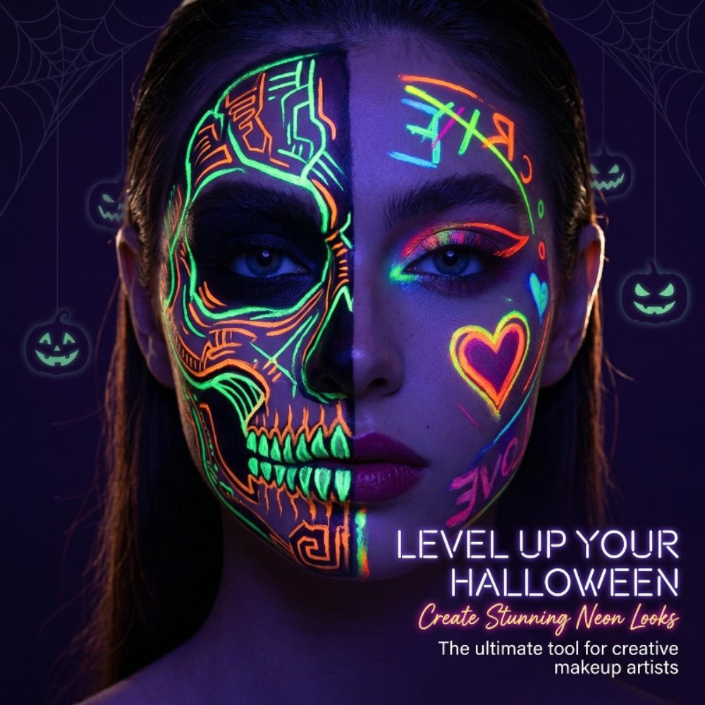 Face Body Paint Pens 18 Colors with Reusable Stencils, Washable Neon Glow in the Dark Skin-Safe Makeup Pens