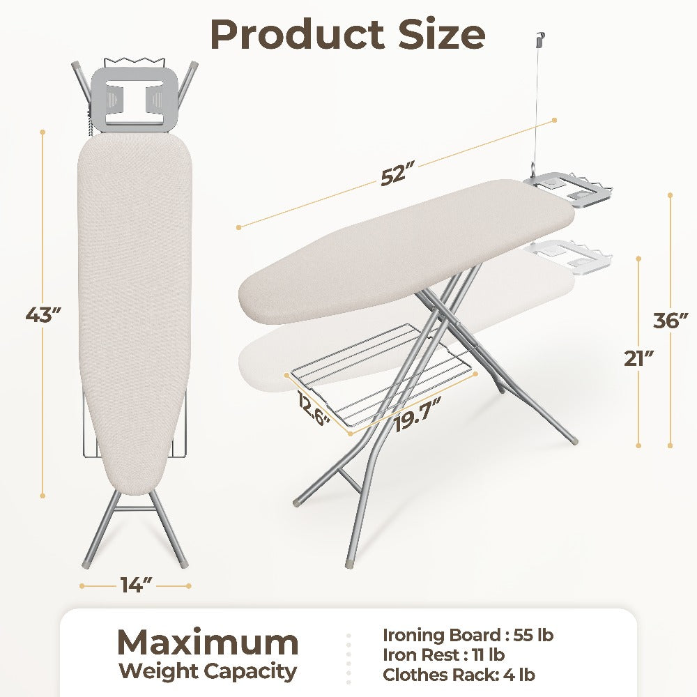 Ironing Board Full Size Foldable Height Adjustable with Clothes Rack Cord Holder 4-Layer Pad Heavy Duty Steel Legs for Laundry Room Living