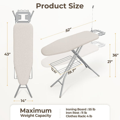 Ironing Board Full Size Foldable Height Adjustable with Clothes Rack Cord Holder 4-Layer Pad Heavy Duty Steel Legs for Laundry Room Living