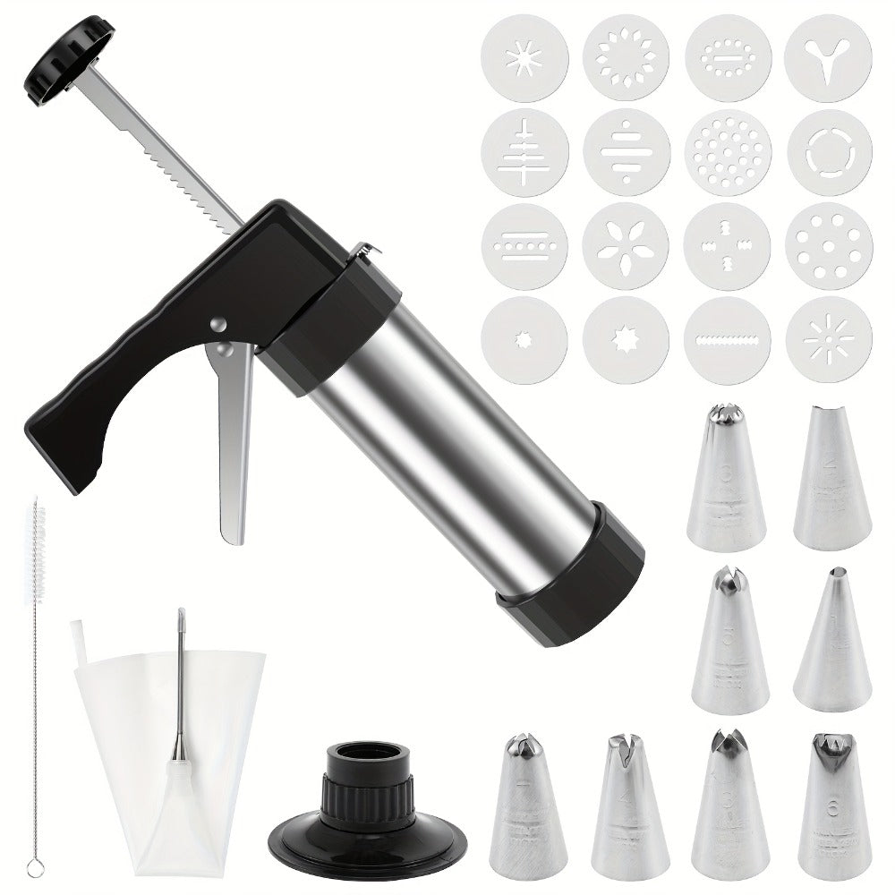 Cookie Press Kit Stainless Steel – 16 Cookie Discs & 8 Icing Tips, Biscuit Press Maker for Christmas Holiday Baking