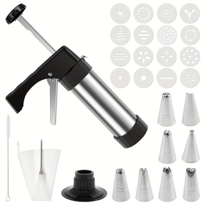 Cookie Press Kit Stainless Steel – 16 Cookie Discs & 8 Icing Tips, Biscuit Press Maker for Christmas Holiday Baking