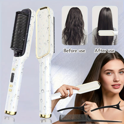 2-in-1 Hair Straightener & Curler LCD Display – 35-Second Fast Heat 4-Speed Temperature Anti-Scald Flat Iron Brush for Women with 2 Hairpins
