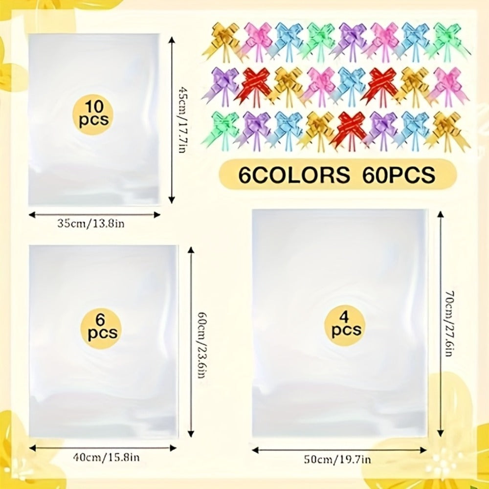 Clear Heat Shrink Cellophane Bags 80pcs 3 Sizes with Pull Bows, Gift Basket Wrapping Bags for Easter Mother's Day Party Favors