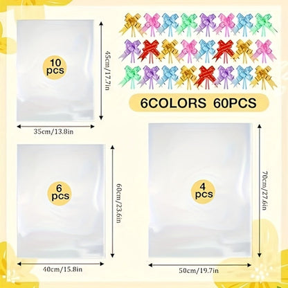Clear Heat Shrink Cellophane Bags 80pcs 3 Sizes with Pull Bows, Gift Basket Wrapping Bags for Easter Mother's Day Party Favors