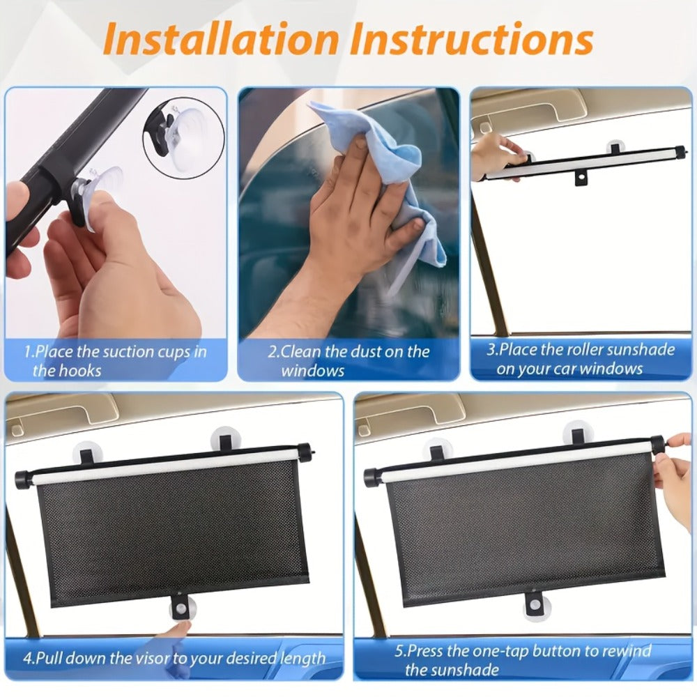 Car Window Curtains 2pcs Retractable PVC Side Window Shades One-Click Storage UV Block Anti-Glare Heat Shield Easy Install Suction Cup Hook