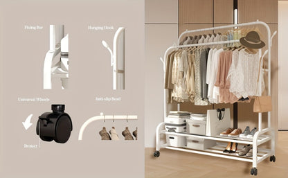 Double Rod Clothes Rack with Wheels Metal Garment Rack with Shelves and Hooks Portable Closet Organizer for Bedroom Living Room Gold