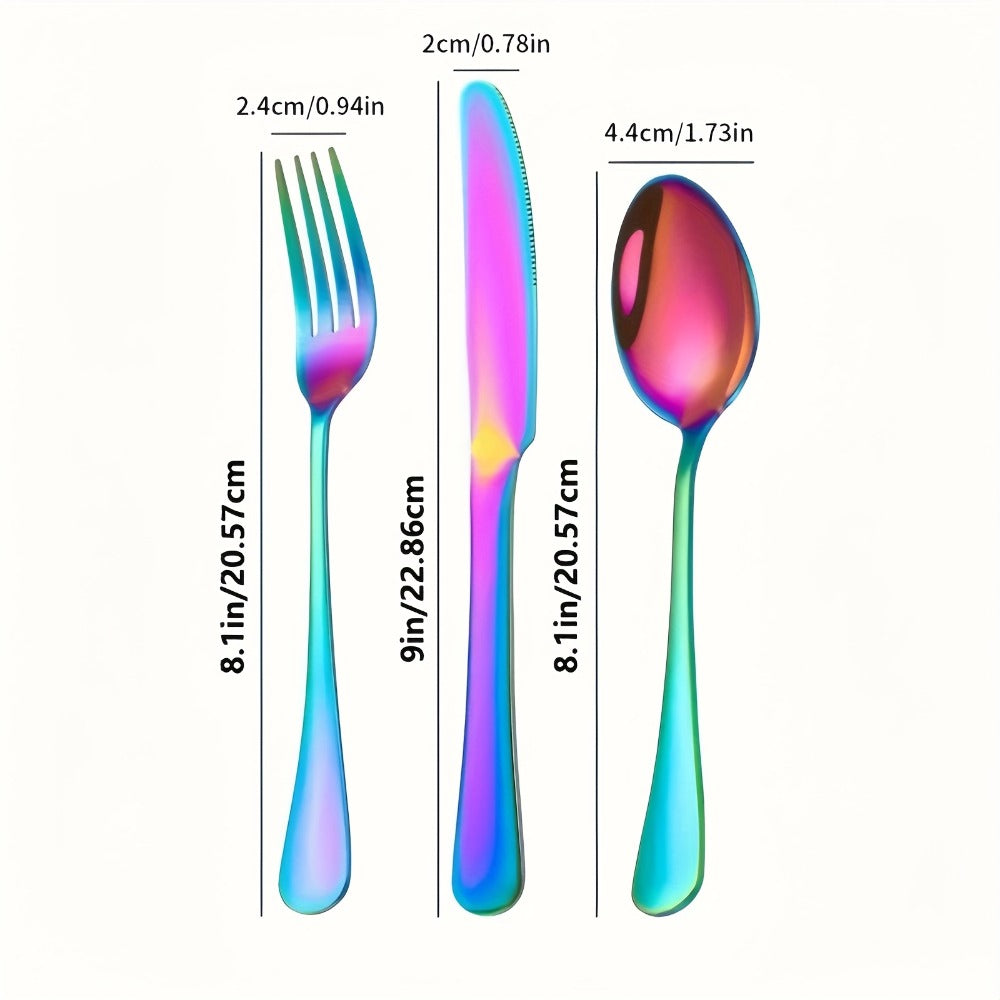 Camping Tableware Set Stainless Steel Rainbow Plates Bowls Cups with Forks Spoons Knives Outdoor for Camping, Travel and Outdoor Use
