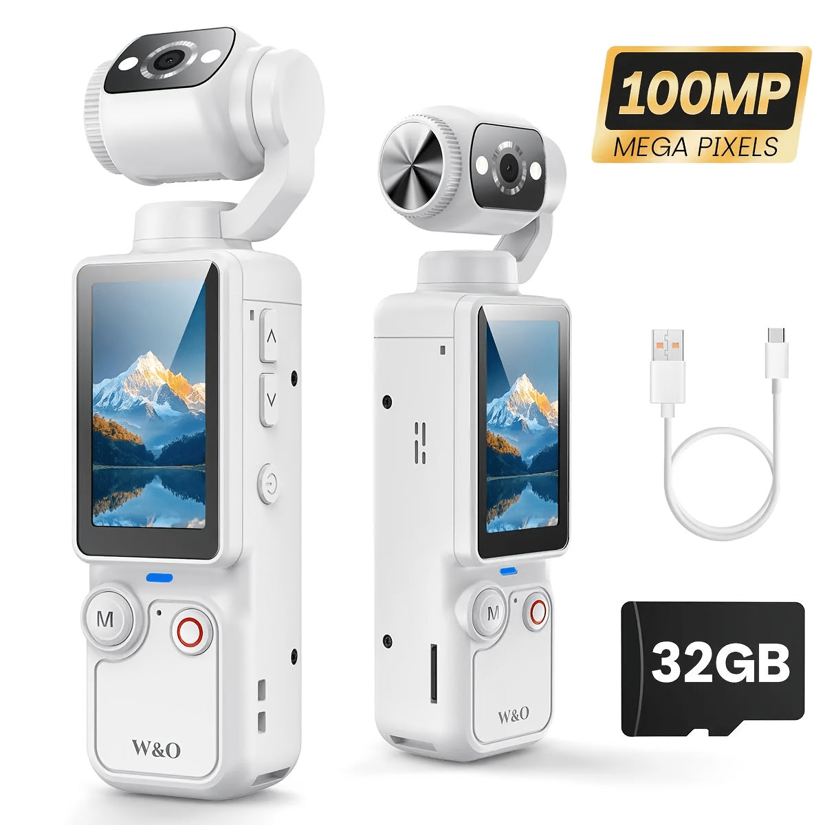 W&O Pocket Camera with Webcam Function, 1.9" Screen, 180° Rotating Shot, 2000mAh Battery, USB-C Charging