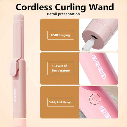 Mini Cordless Curling Iron Portable Ceramic Hair Curler USB Rechargeable 4-Temperature Settings Travel Hair Styling Tool for Curling