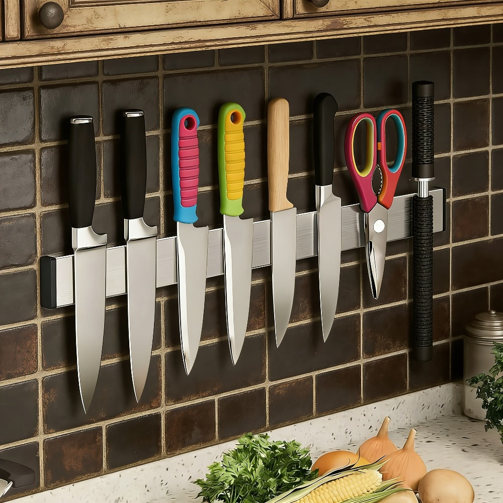Magnetic Knife Holder Wall Mounted, Stainless Steel Punch-Free Knife Strip Rack for Kitchen, Holds Chef Knife Santoku Bread Knife