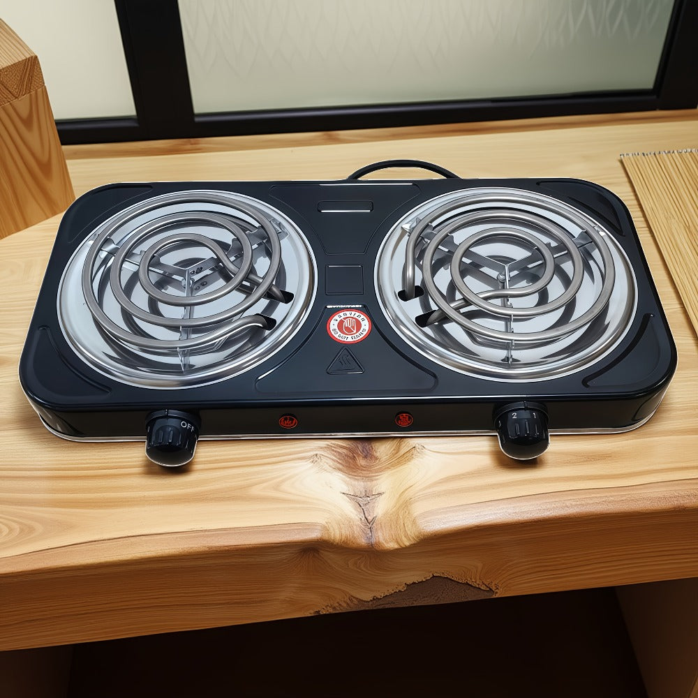 Portable Electric Stove Tabletop Double Burner, Adjustable Rotary Temperature Control, Compact Electric Charcoal Heater for Home