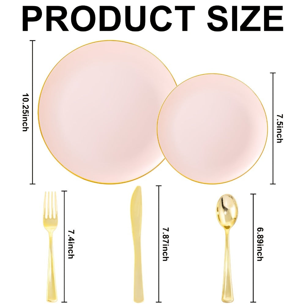 Disposable Plastic Plates Set 50 Piece – Pink Gold Rim Party Tableware with Dinner Plates, Dessert Plates & Utensils for Birthday Wedding