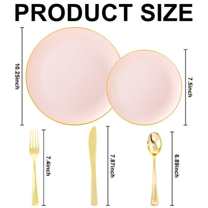 Disposable Plastic Plates Set 50 Piece – Pink Gold Rim Party Tableware with Dinner Plates, Dessert Plates & Utensils for Birthday Wedding