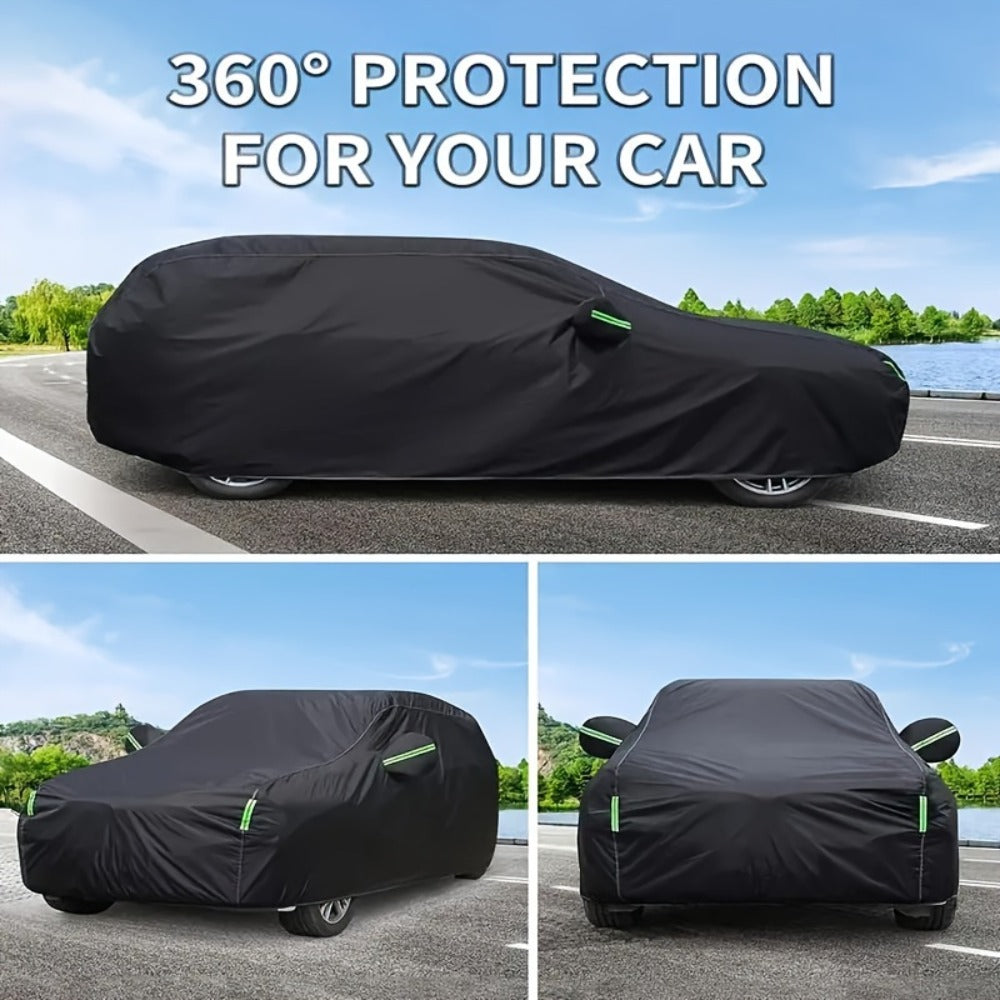 Black Full Car Cover in 190T Silver-Coated Cloth with Green Reflective Strips, Storage Bag and Six Sedan or SUV Sizes