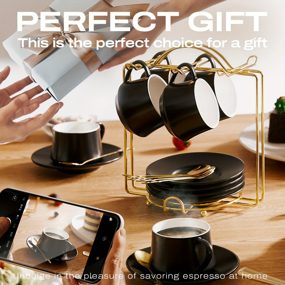Espresso Cups Set of 6 with Saucers, Spoons & Metal Stands - 4oz Ceramic Cappuccino Coffee Cup Set
