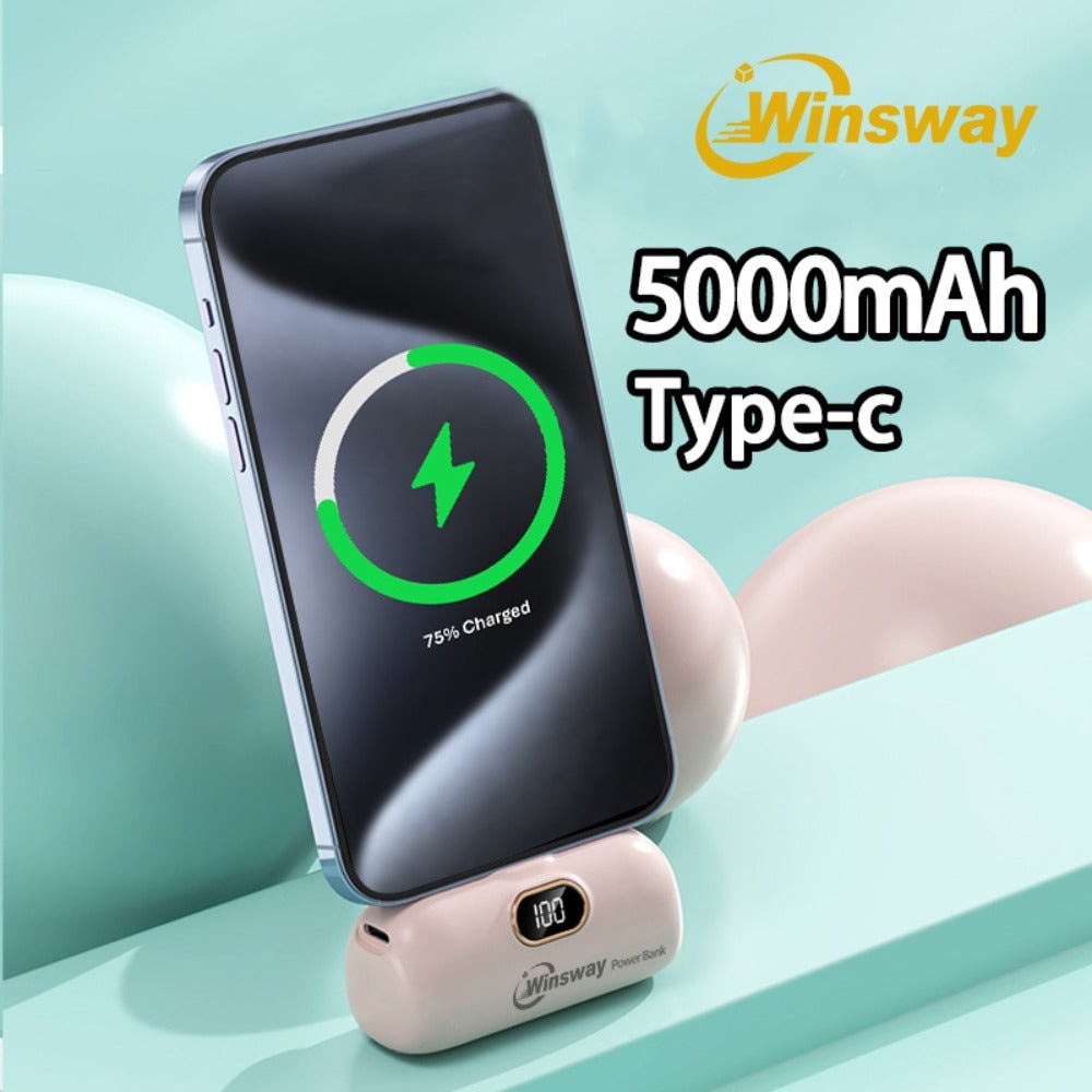 Power Bank 5000mAh Mini USB-C Plug-In Style with Digital Display in Pink or White for Travel
