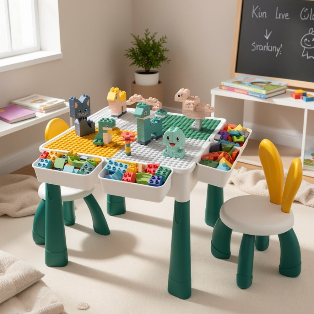 Kids Activity Table Building Blocks LEGO Compatible Play Table for Toddlers, Durable ABS Plastic Space-Saving Corner Design
