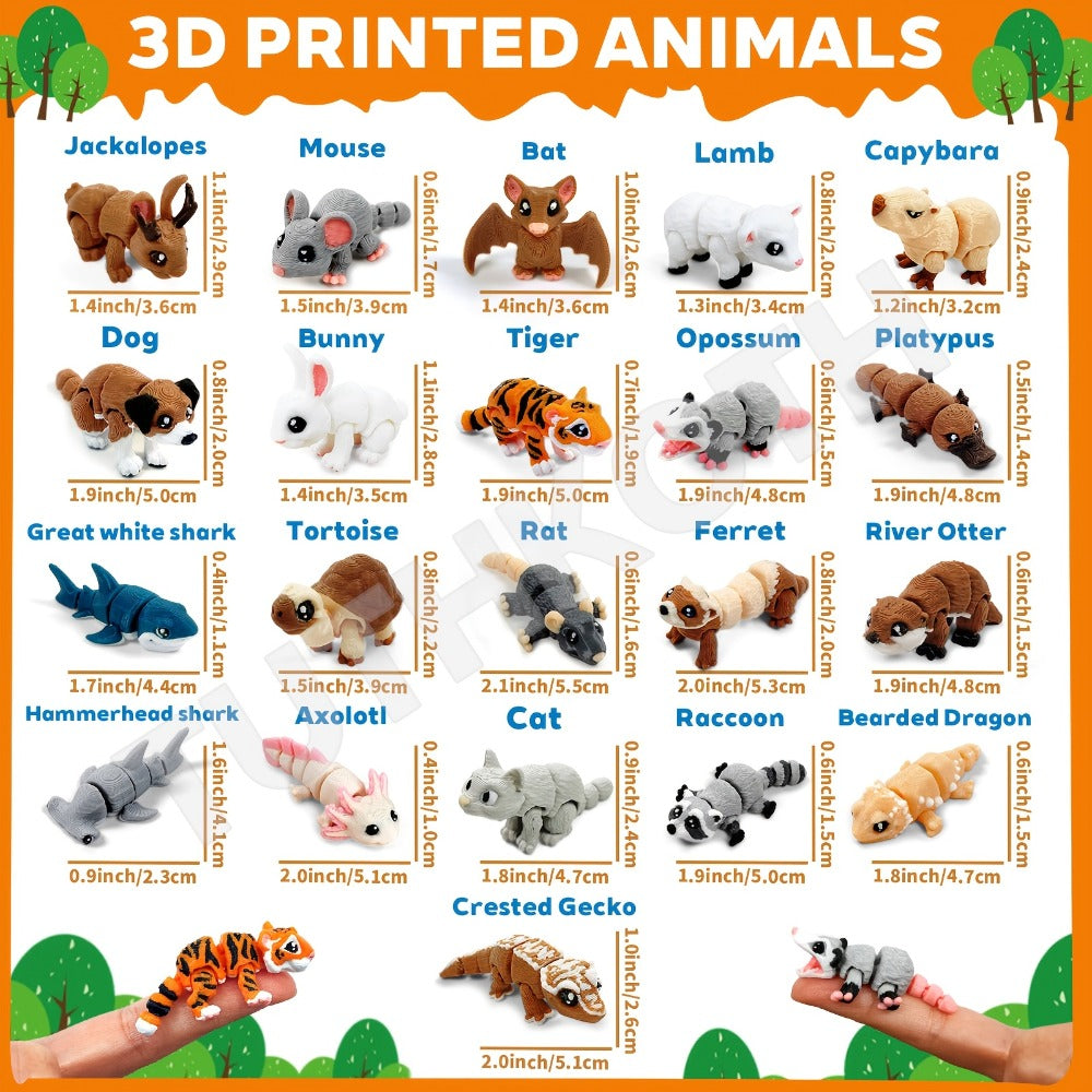 3D Printed Animal Figurines Set 21pcs, Mini Movable Joints Realistic Collectible Animal Statues for Adults