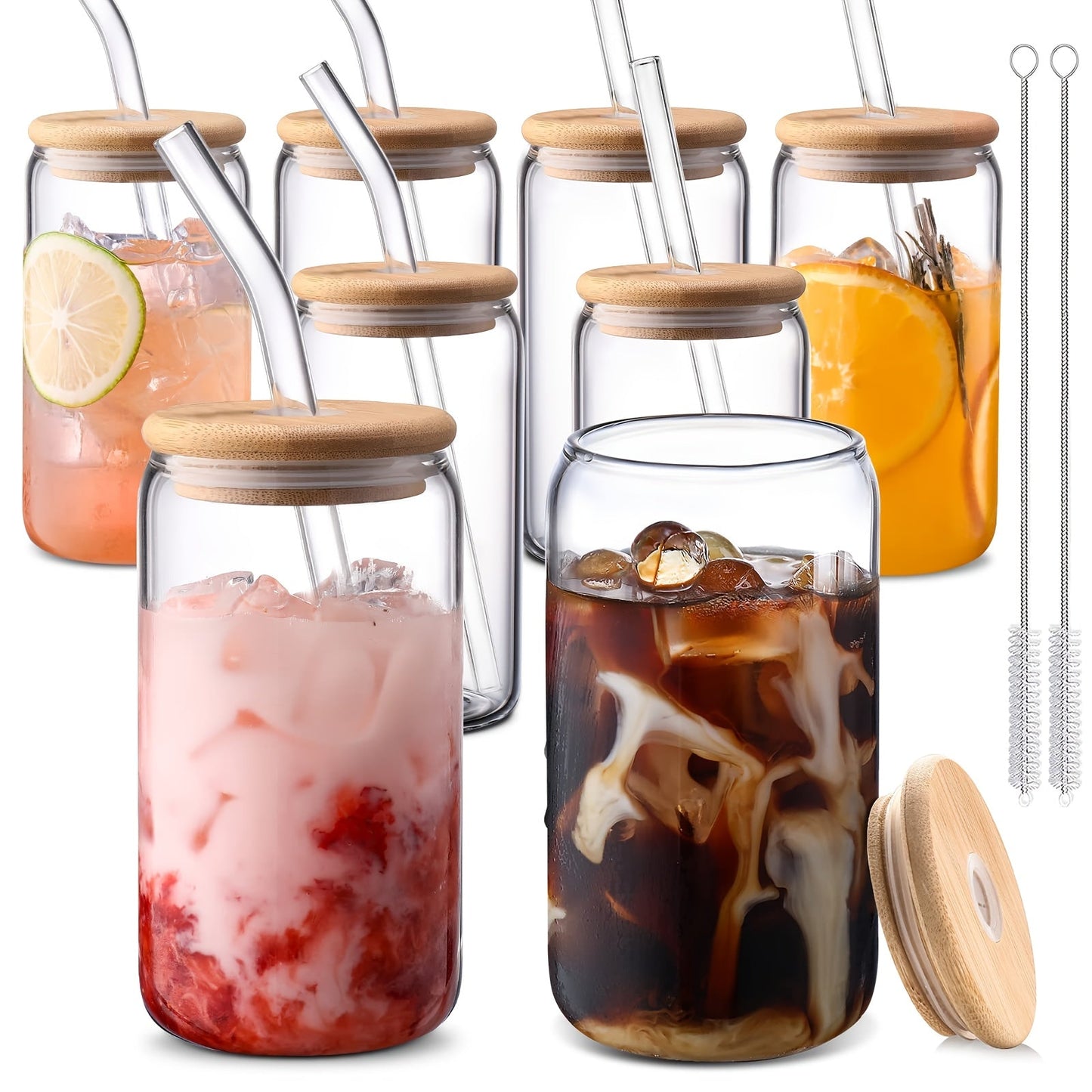 Glass Coffee Cup Drinkware Set, 16oz Clear Cups with Bamboo Lids, Glass Straws and Brushes in 4 to 16 Pieces