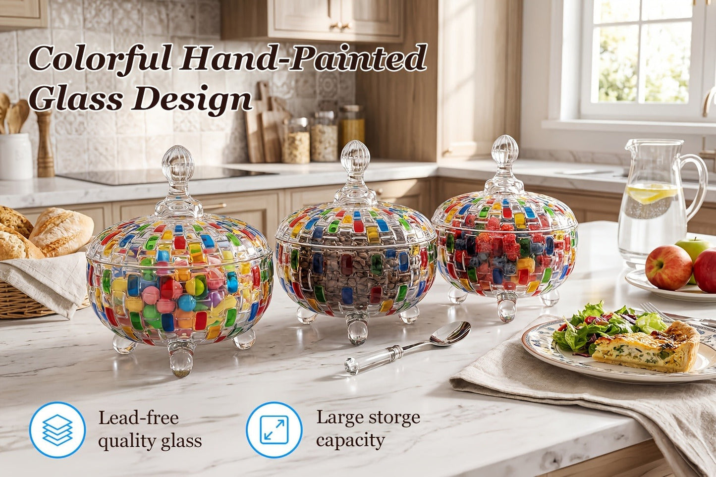 Crystal Glass Candy Dish with Lid & Tongs – Hand-Painted Colorful Candy Box, Jewelry Storage Jar, Christmas Gift for Family & Friends |