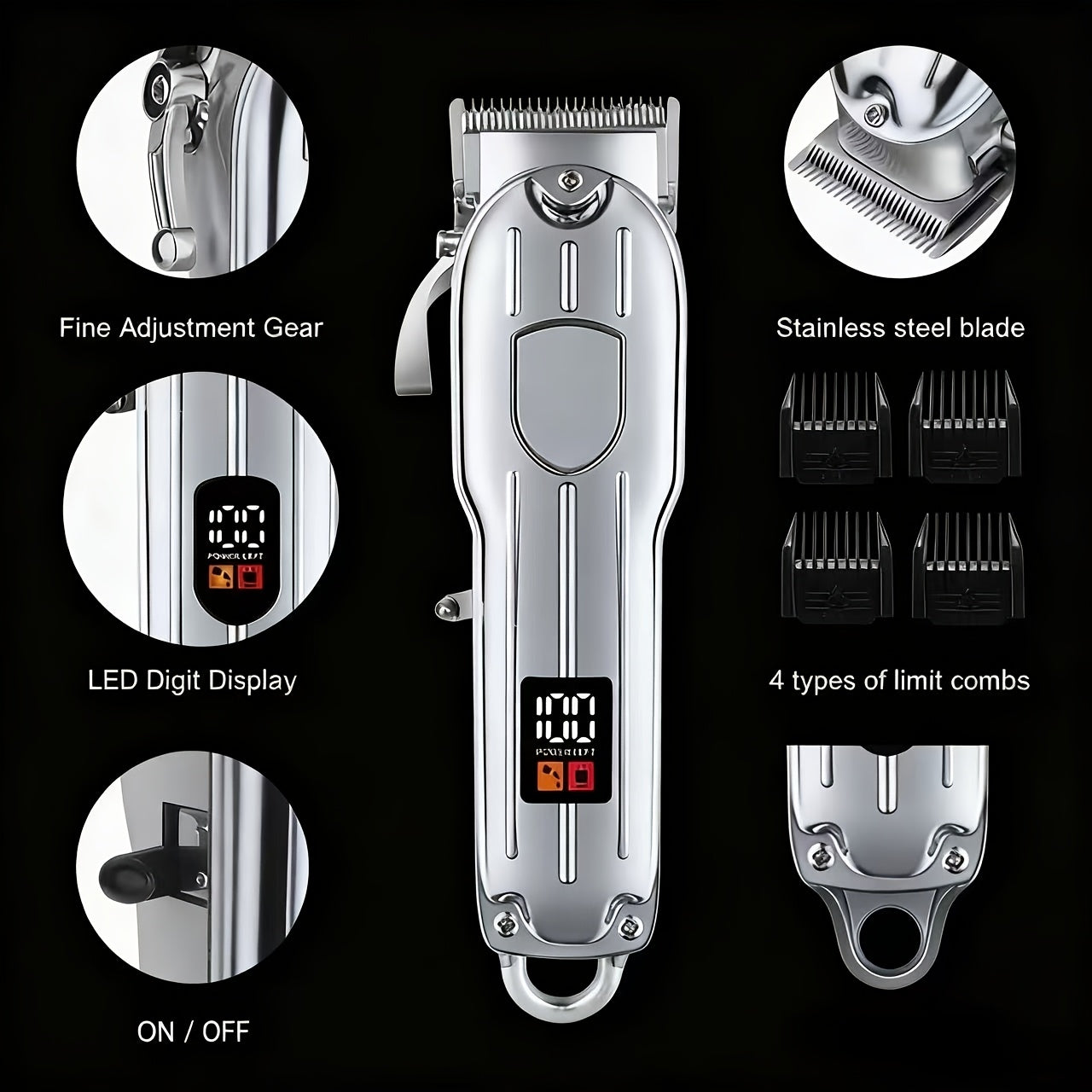 Professional Electric Hair Clipper Set for Men – 5-Speed LED Display Rechargeable Beard Trimmer & Hair Carving Kit