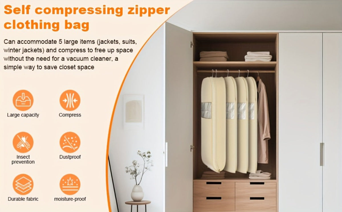 Garment Storage Organizer Bag with Compression Zipper in 35.43 or 43.31 Inch Beige Options