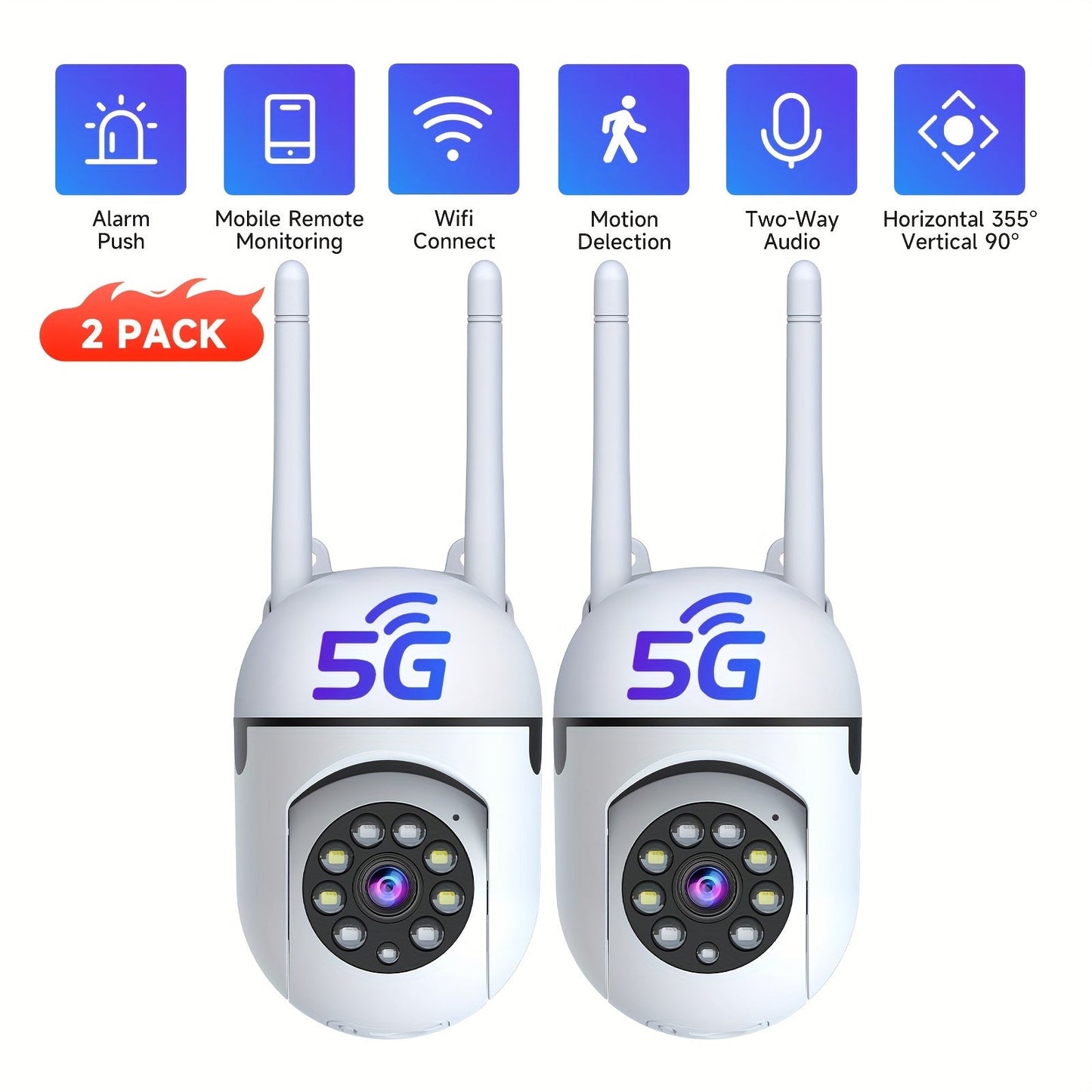 Indoor Security Camera 2-Pack with 355° Pan-Tilt, Dual-Band WiFi, Color Night Vision and SD or Cloud Storage