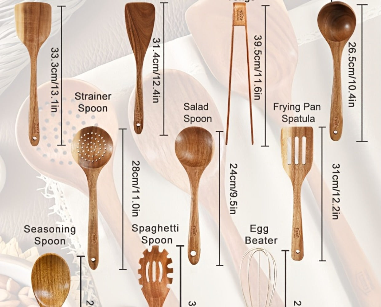 Kitchen Utensils by JIASING, 3-, 5- or 7-Piece Wood Spoon, Spatula, Ladle and Egg-Beater Set Options