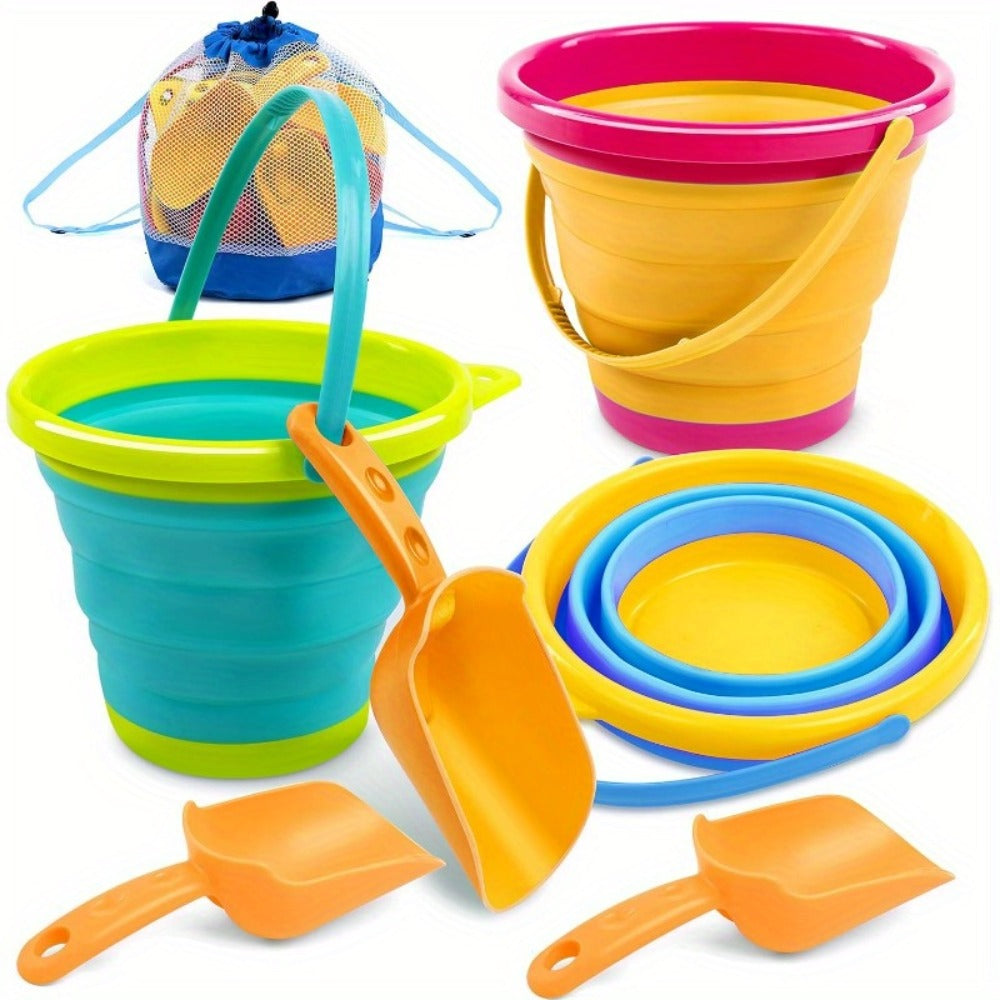 Collapsible Beach Bucket Set 3-Pack with Shovels & Mesh Backpack, Foldable Sand Pail Kit for Kids