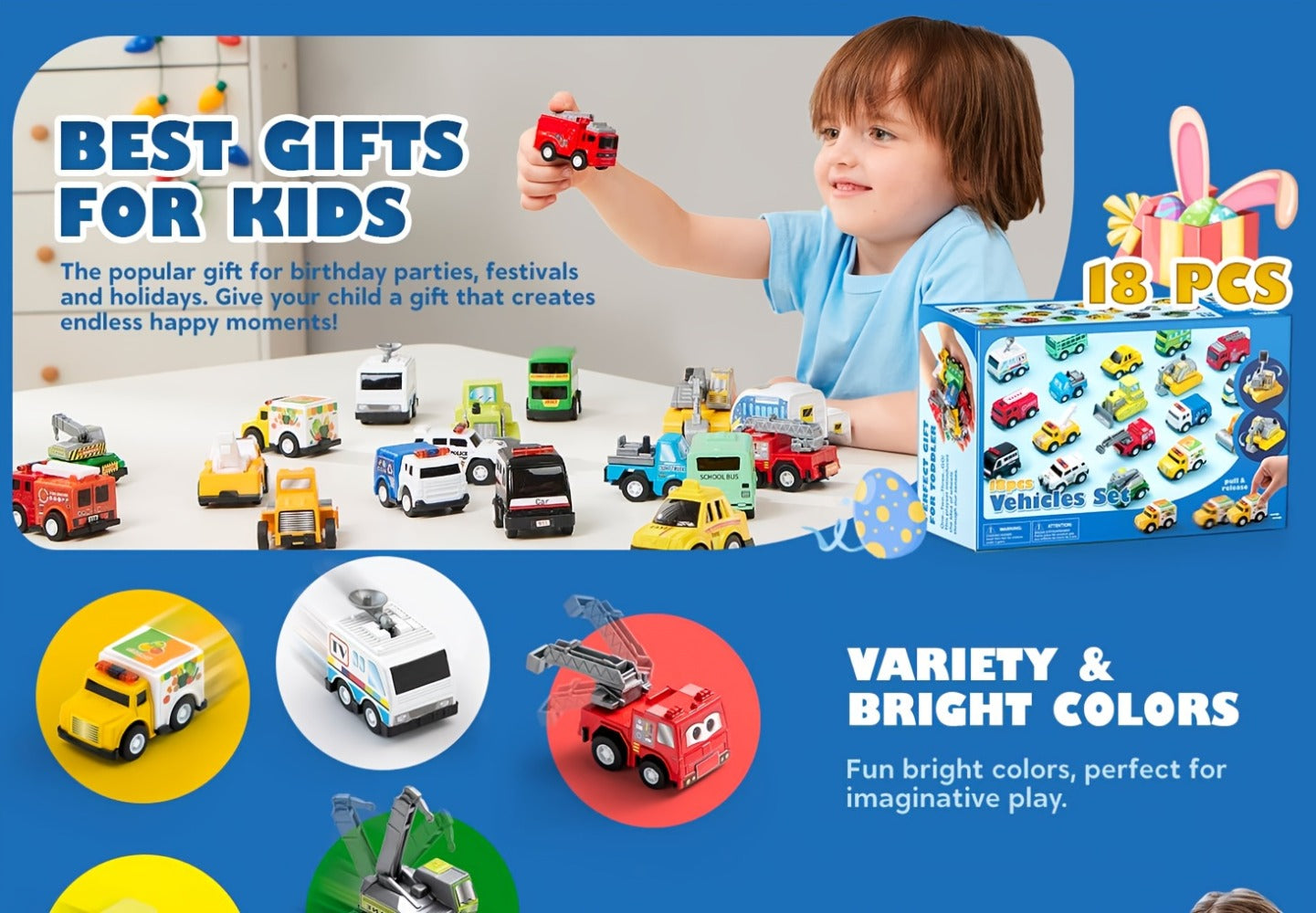 18-Piece Pull Back Mini Cars Set for Kids, City Vehicles Fire Truck Police Car School Bus Freight Train