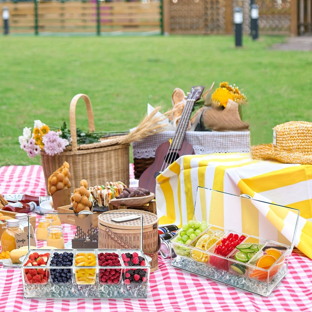 Bar Serving Tray on Ice with 5 Compartments & Lid, Garnish Condiment Platter with 5 Forks & 3 Pliers