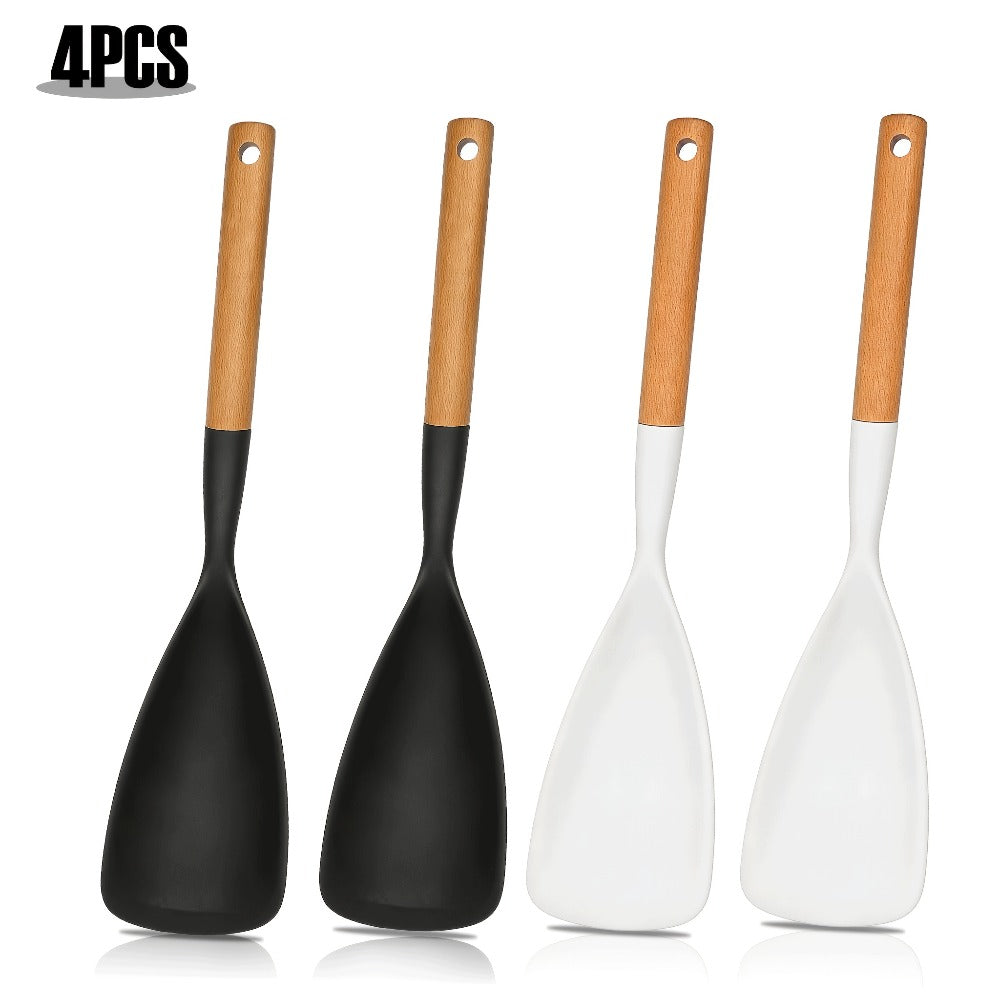 Silicone Kitchen Utensil Set 2/4 Pcs, 12-Inch Wood Handle Cooking Tools with Stay-Cool Grip for Frying