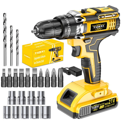 Cordless Impact Drill Set 21V, Electric Power Drill with 2.0Ah Battery, Fast Charger, Screwdriver Bits