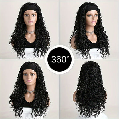 Headband Wig Curly Wavy for Women Black Synthetic Glueless No Lace – Elastic Cap Heat Resistant Beginner Friendly for Daily Wear Party