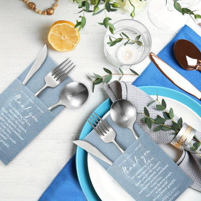 Wedding Cocktail Napkins 100pcs Thank You Napkins with Utensil Pocket Haze Blue Tissue Napkins for Bridal Shower Rehearsal Dinner Reception