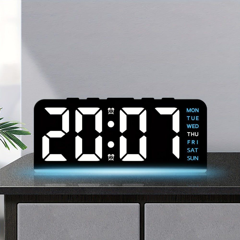 Purple-Accent LED Desk Alarm Clock with Time, Weekday and Date Display, Four Brightness Levels and USB Power