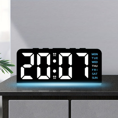Purple-Accent LED Desk Alarm Clock with Time, Weekday and Date Display, Four Brightness Levels and USB Power